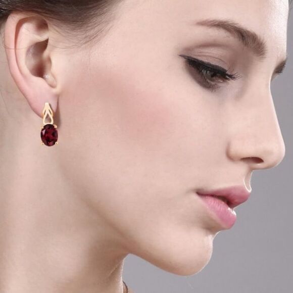 18K Yellow Gold 925 with 4.00 Cttw Rhodolite Garnet Oval Post Back Drop Earrings - Picture 3 of 4